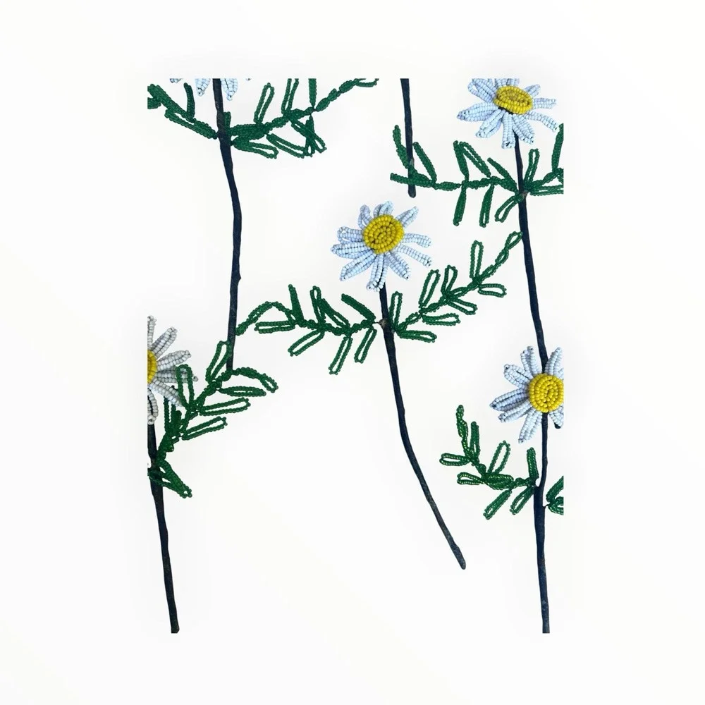 Vintage French Beaded Daisy Flowers 11 Stems Seed Bead Handmade Floral Decor